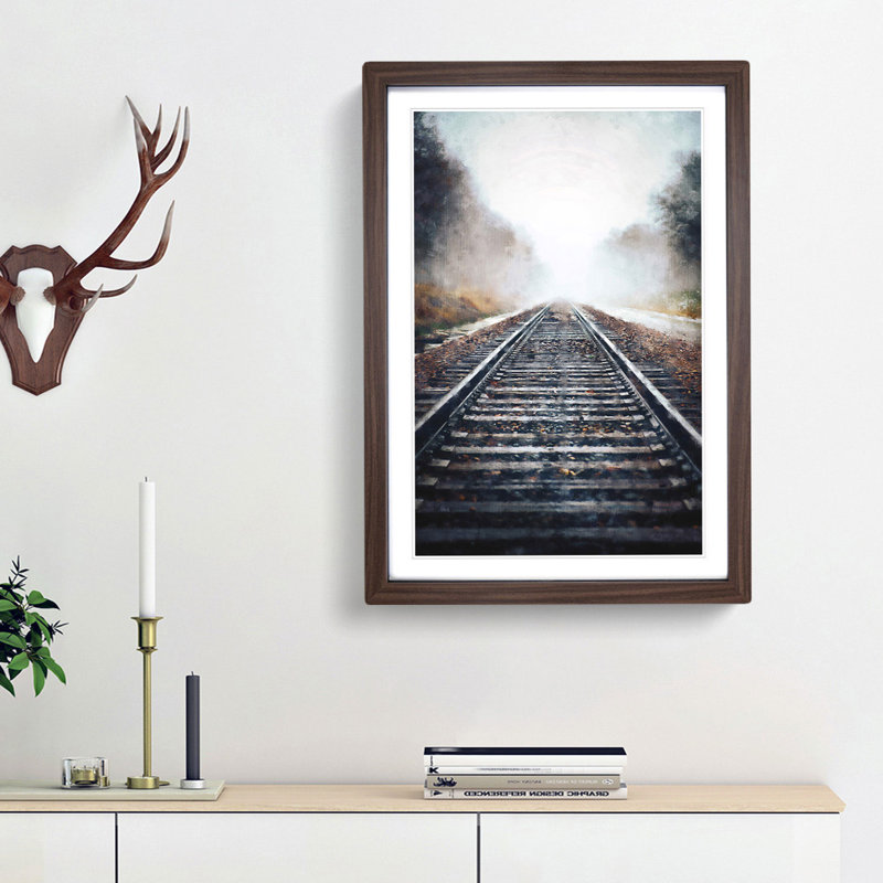 Train Tracks in the Mist - Picture Frame Painting Print, 87cm H x 62cm W x 2cm D, Walnut Framed