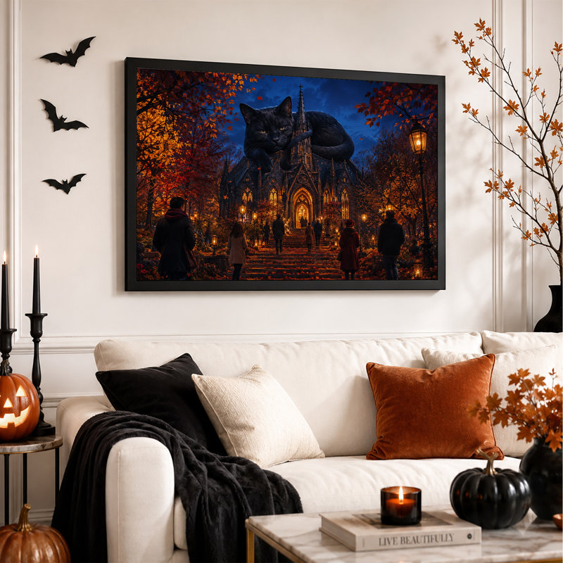 Chat noir géant perché sur une cathédrale gothique, toile murale d'Halloween, 24"H x 36"W