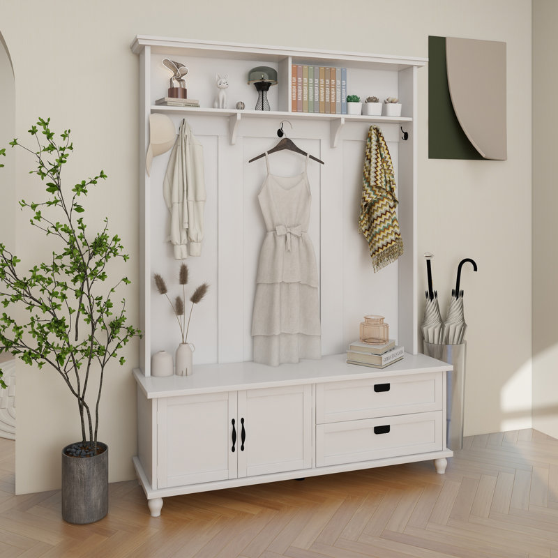 Cardarius Hall Tree 59'' Wide with Bench, White