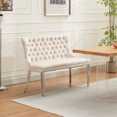 Banc en velours pour causeuse double pour la salle à manger, sièges de cuisine et de salle à manger, banc capitonné à 2 places avec boutons faits à la main, dossier à oreilles, pieds en acier inoxydable argenté brossé, ensemble Mid-Century moderne, paquet simple