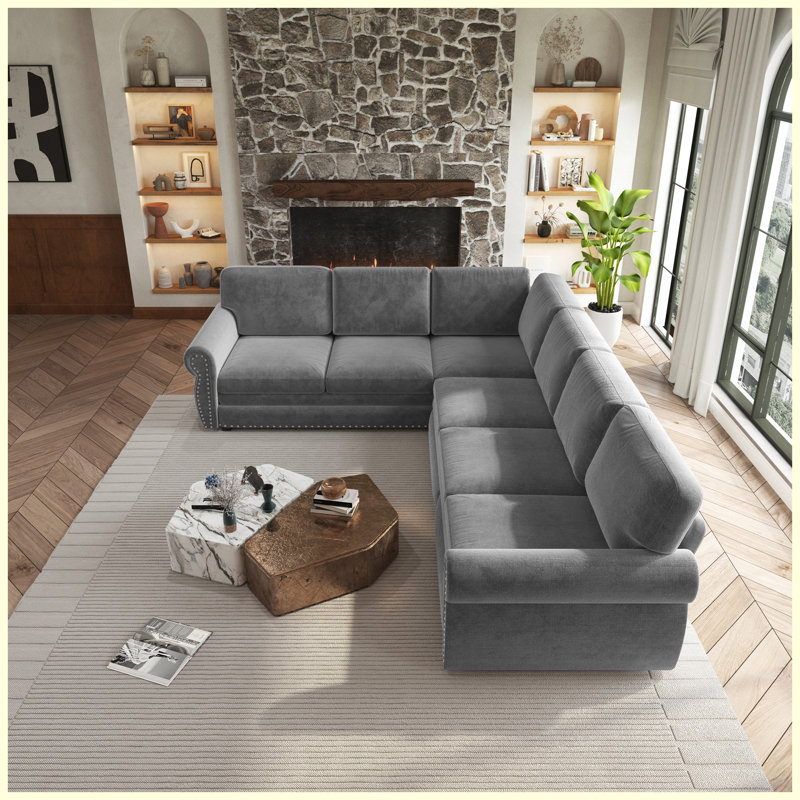 Canapé-lit modulaire en chenille de 118 po avec lit escamotable et garniture cloutée 118 po (gris)