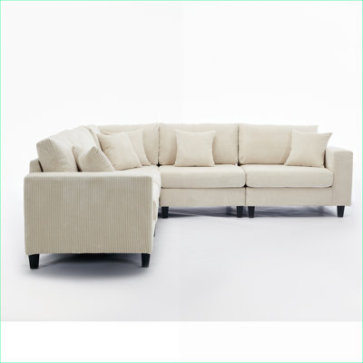 Sectional Sofas | 5-Seat Oversized L-Shaped Modular Corduroy Sofa, Deep Seat for Living Room Apartment | Beige | Wood