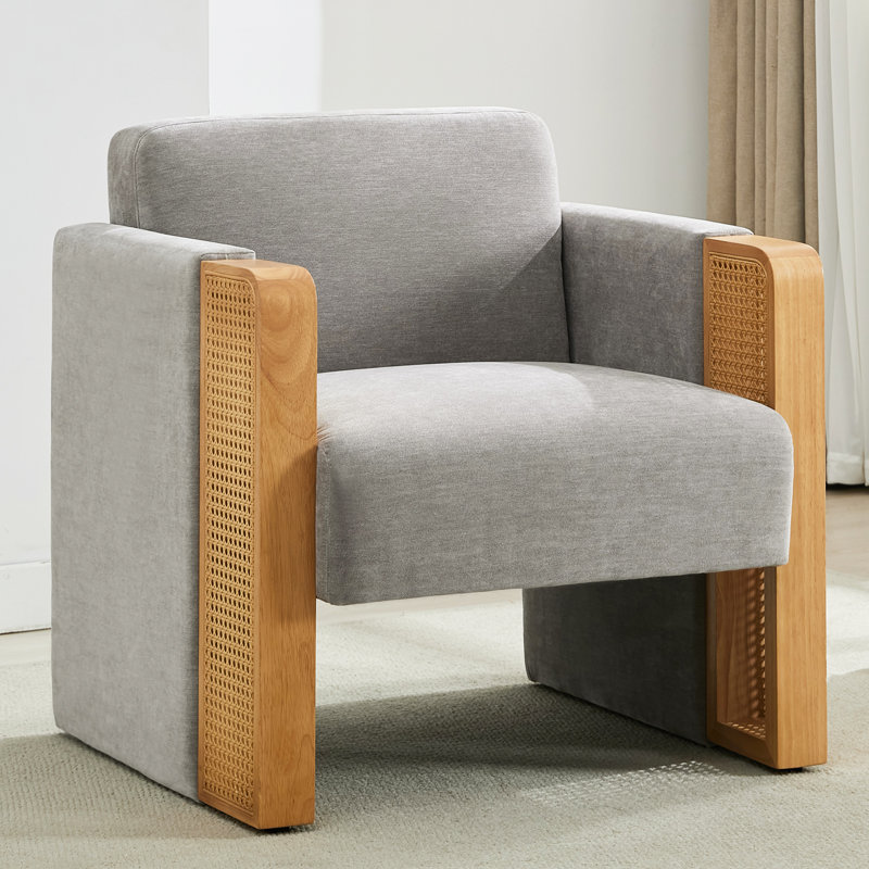 Barraclough Modern Upholstered Wide Rattan Accent Armchair, Gray