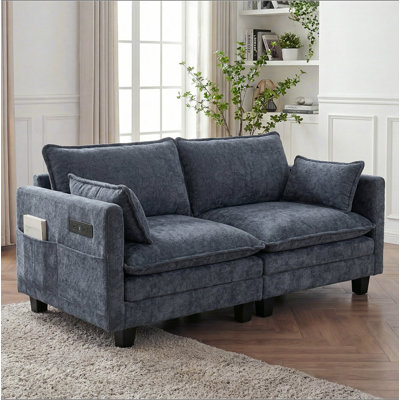 Canapé moderne en chenille, canapé compact à 2 places avec deux ports de chargement USB et poches latérales, petit canapé pour chambre, bureau et appartement.