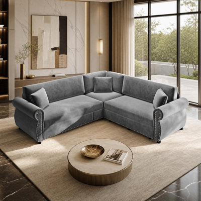 Chenille L-Shaped Sleeper Sofa with Pull-Out Bed and Nailhead Trim
