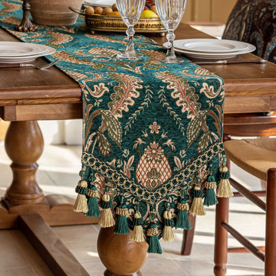 Chemin de table vintage en chenille à motif floral antidérapant avec pompons perlés, Mandalay Émeraude, 33 x 140 cm