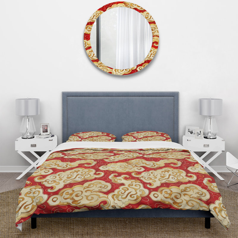 Ensemble de housse de couette chinois doré et rouge, Housse de couette très grand + 2 taies décorativ