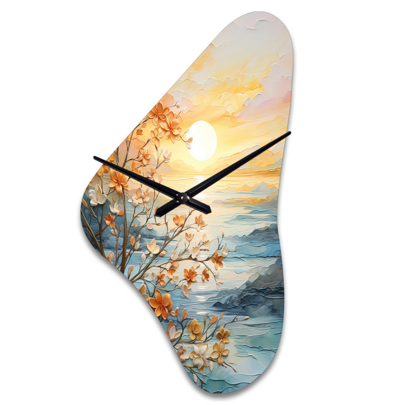 Kaybree Bold Sunrise Eernal Renewal I - horloge murale asymétrique en métal jaune, impression d'horloge murale de forme unique traditionnelle