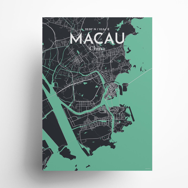 Macau, carte de la ville, impression, Vert/gris, H 27,6 po x l 19,7 po