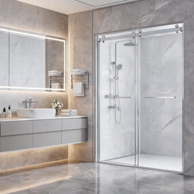 Porte de douche coulissante double sans cadre chromée de 137 cm x 193 cm avec verre trempé de 10 mm et quincaillerie en acier inoxydable