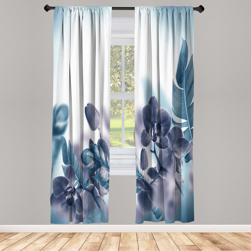 Microfiber Floral Semi-Sheer Rod Pocket Curtain Panels, 28" W x 63" L, Teal & Gray/White