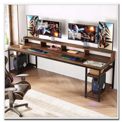 Bureau pour deux personnes avec support pour moniteur et tablettes de rangement
