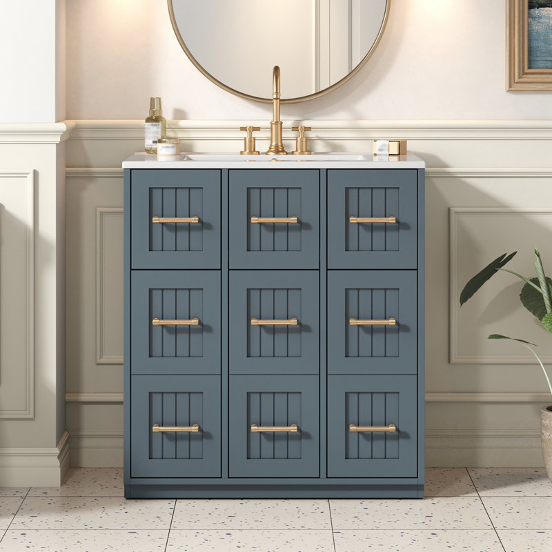 Meuble-lavabo avec lavabo, 2 tiroirs et 3 portes, Bleu