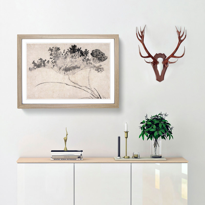 Lotus Flower by Shen Zhou - Picture Frame Painting Print, Oak Framed, 27cm H x 36cm W x 2cm D