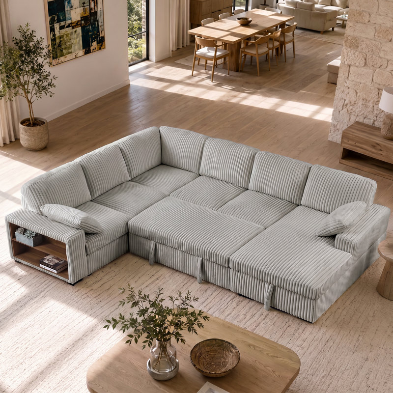 Canapé-lit modulaire Aurora, Velours côtelé gris pâle