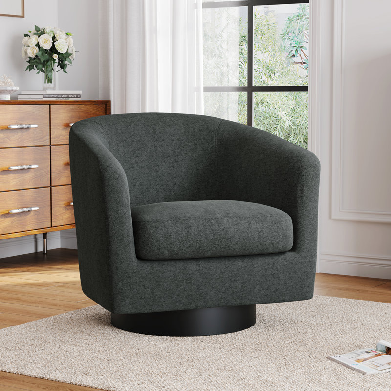 Upholstered Swivel Barrel Chair With Solid Wood Base, Grey