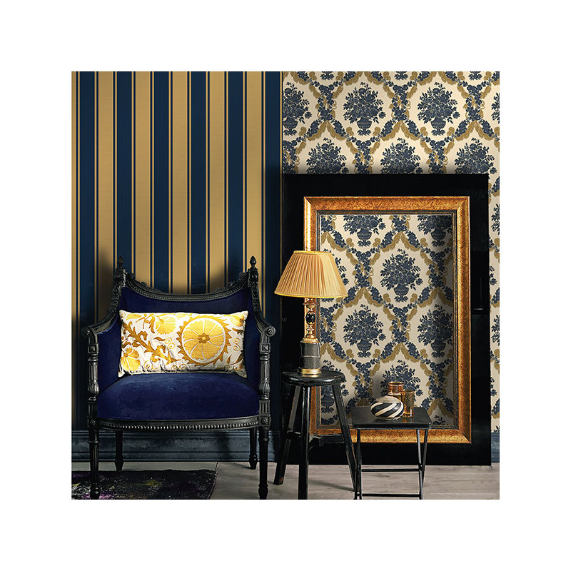 Italian Classics 4 Floral Baroque Damask 3D Embossed Wallpaper Roll, Navy