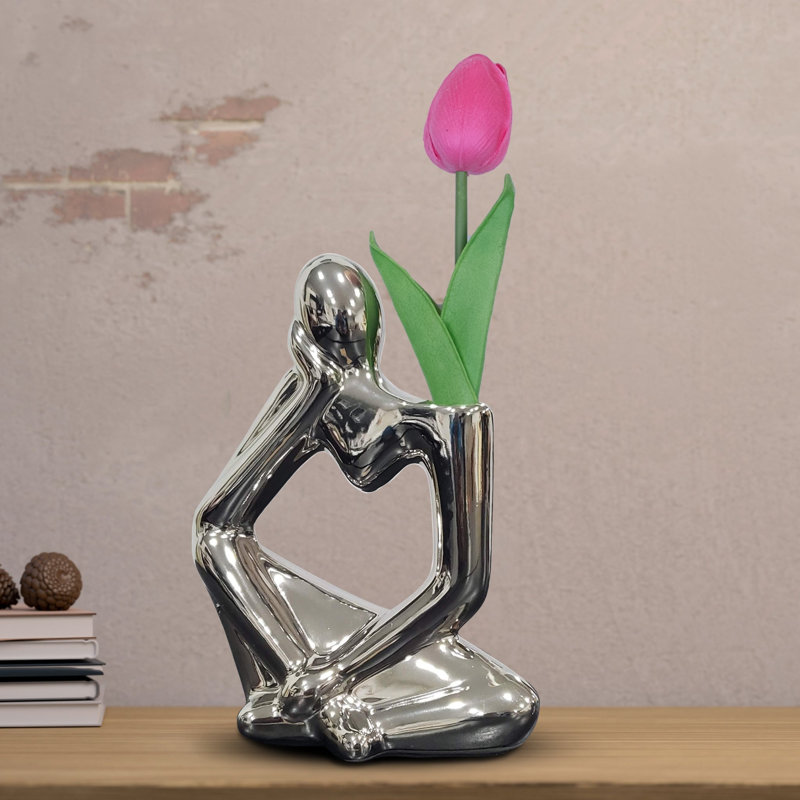 Silver Ceramic Vase & Abstract Thinker, Tulip Included