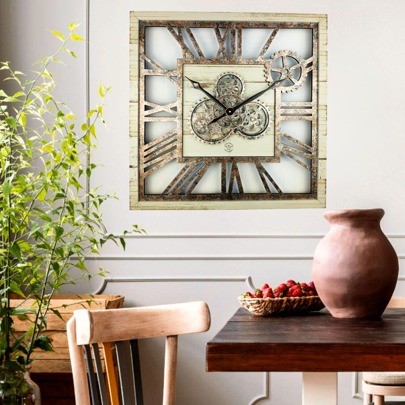 24'' Desert Beige Square Wall Clock with Real Moving Gears
