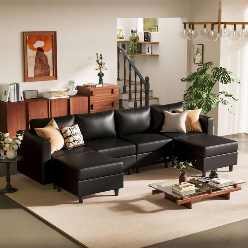 6-Piece 118.5'' Reversible Modern L-Shape Sectional Sofa With Storage Seat- Faux Leather-Black, Black Faux Leather