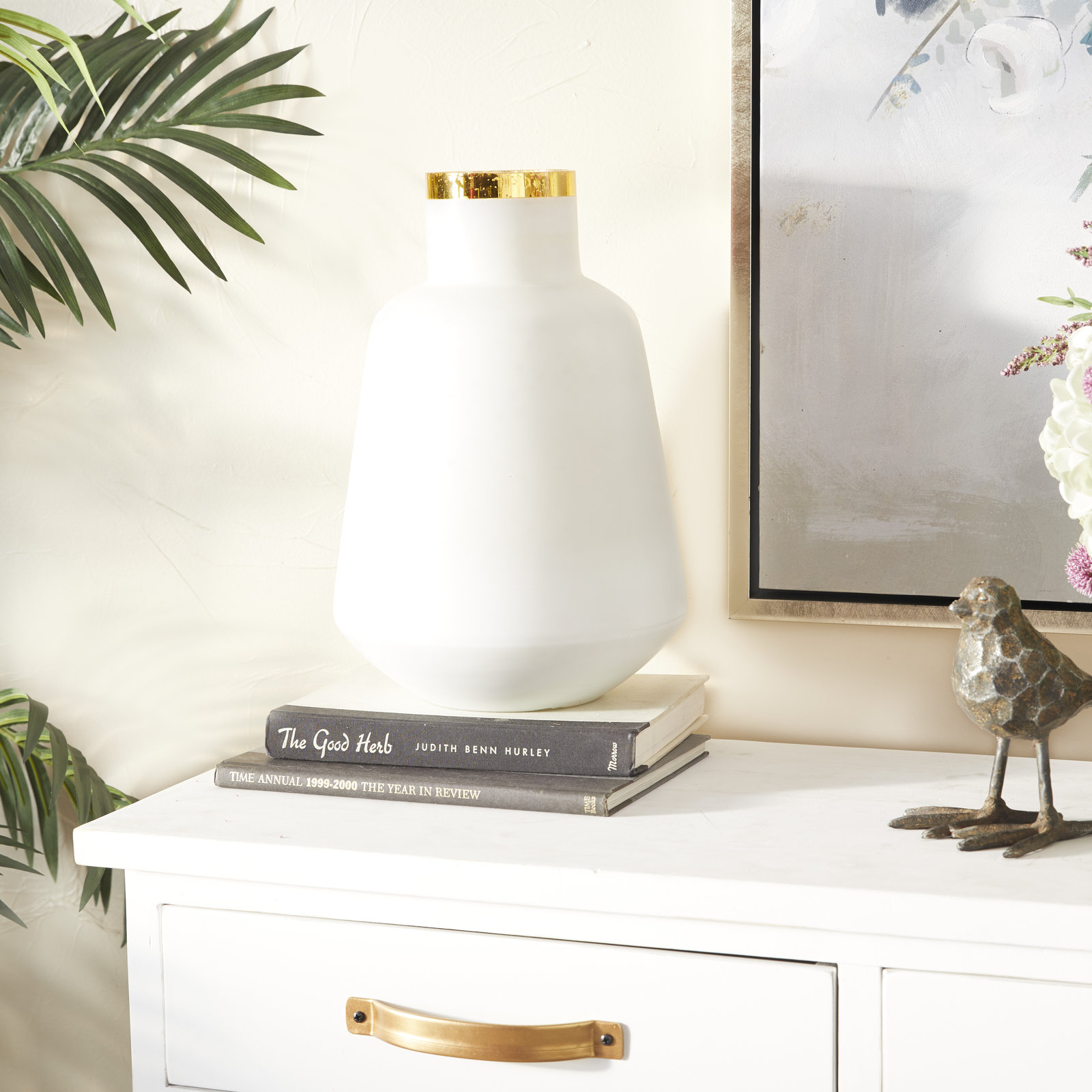 Glass Decorative Vase with Gold Rim, White/Gold