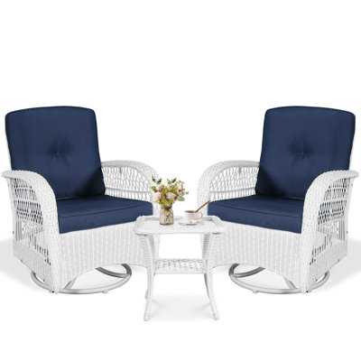 Bay Isle Homeâ„¢ 3-piece Outdoor Conversation Bistro Set, Patio Swivel Glider Rocking Chairs Rattan Furniture Sets W/ 2 White Rattan Chairs, Glass Top Side Table For Porch Backyard, Cushions