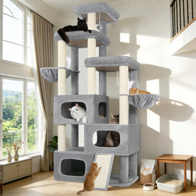 Arbre à chat 85 po H multi-niveaux avec poteau à griffes en sisal, rampe, perchoir et candis pour chat