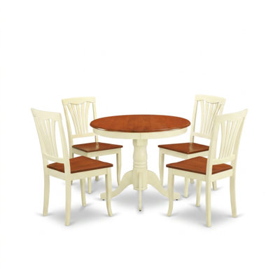 Ensemble table et chaises de salle à manger rondes en bois massif de cerisier couleur babeurre, piètement central et dossier à lattes