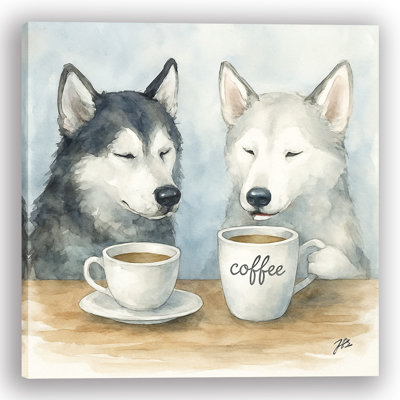 “Brew Buddies” – Husky Pair with Coffee Cups Watercolor Canvas Wall Art