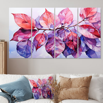Rose et mauve, plantes tropicales, feuilles I - fuschia, art mural 4 pièces