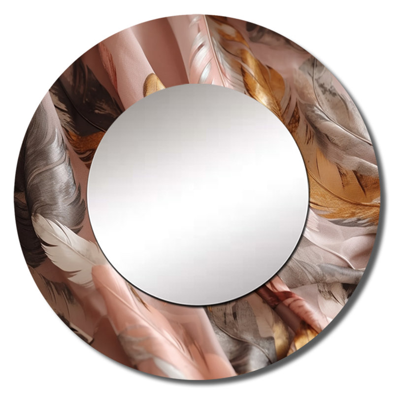 Onecimo Gold Glamorous Feathers Of Boho Fantasy II - Glam Feather Decorative Mirror, Modern Round Wall Mirror, Printed Metal Art
