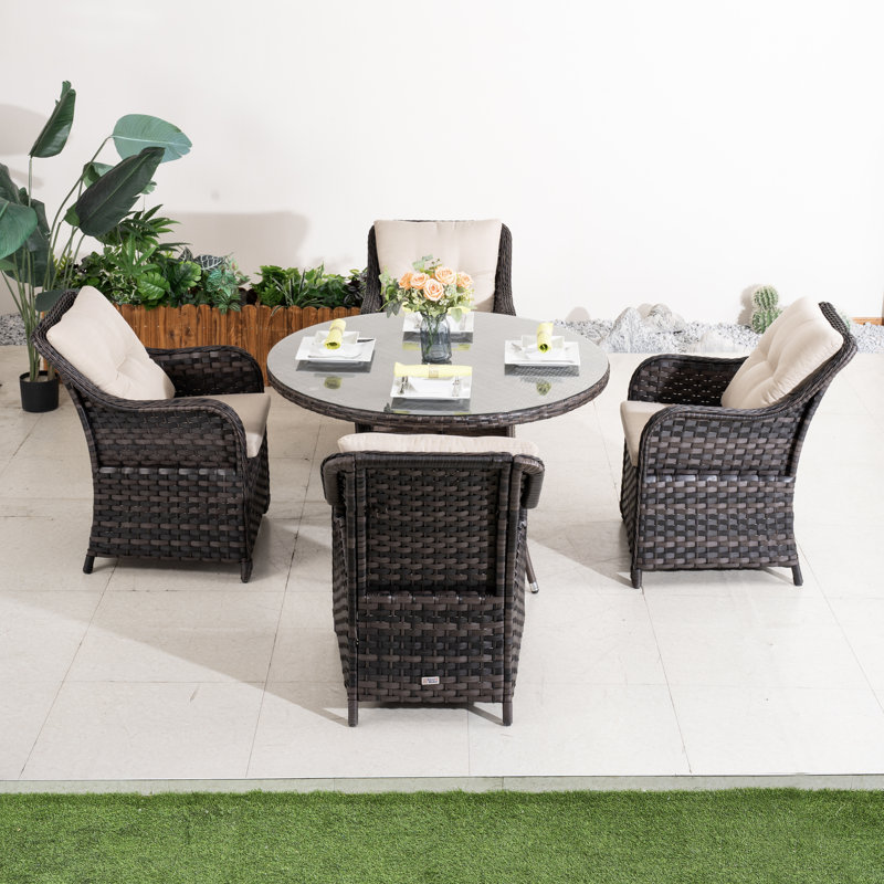 Ensemble repas pour 4 personnes en osier avec table ronde, coussins inclus
