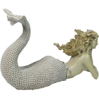 Nautical Marine Vintaged Pearly Mermaid Lying On Belly Daydreaming Figurine 13"L