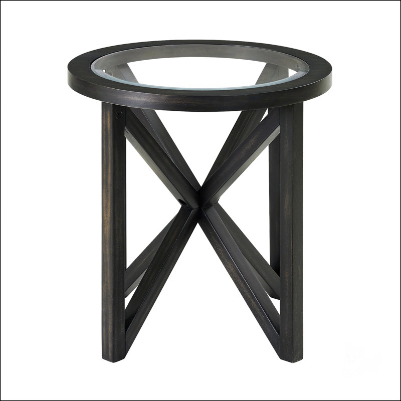 Table basse moderne simple en verre trempé avec base en bois massif, plateau rond transparent pour le salon et le bureau