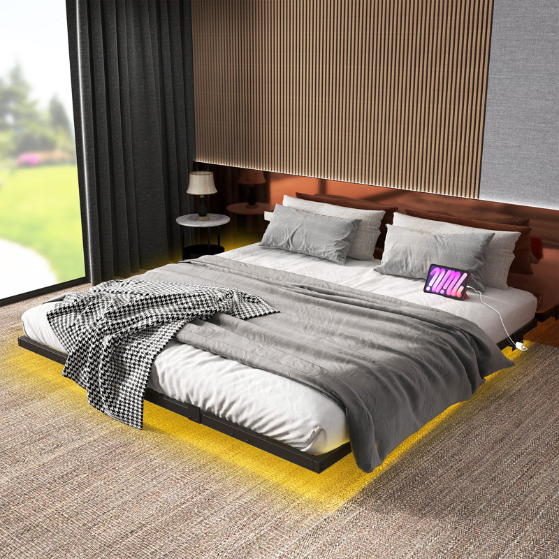 King Black Metal Floating Bed Frame with LED Lights and Charging Station