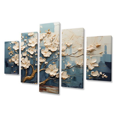 Orchidée dorée blanche et bleue, jardin de branches I - ensemble d'art mural multi-panneaux