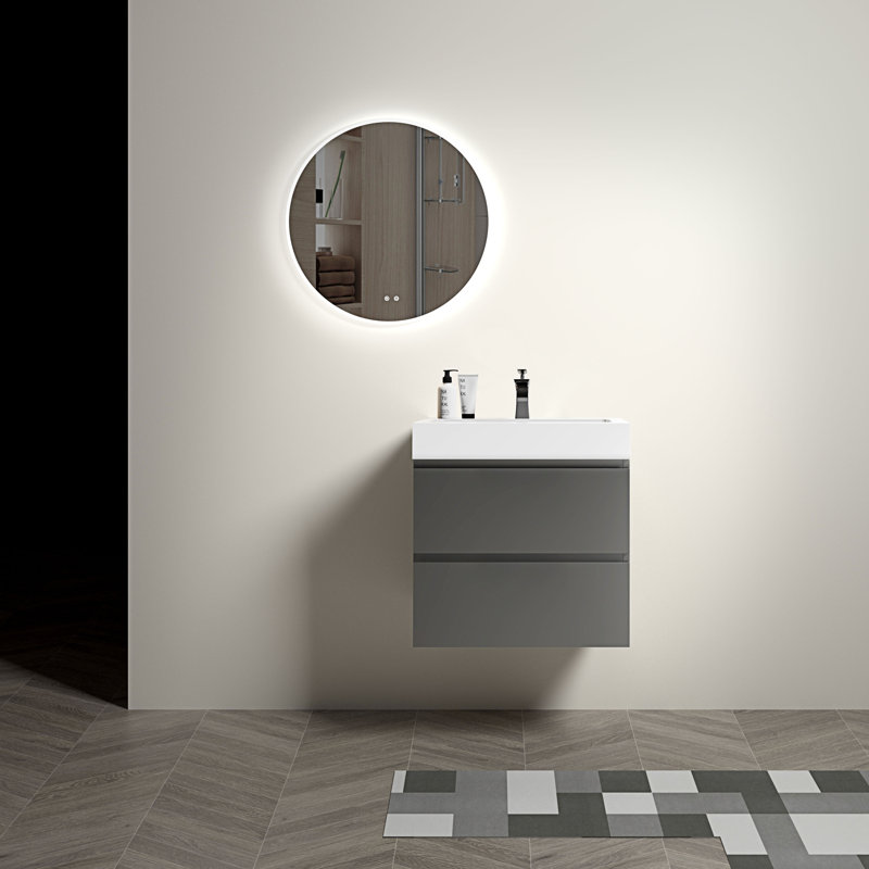 Meuble-lavabo simple mural 24 po avec plateau en pierre reconstituée Heideman, Gris