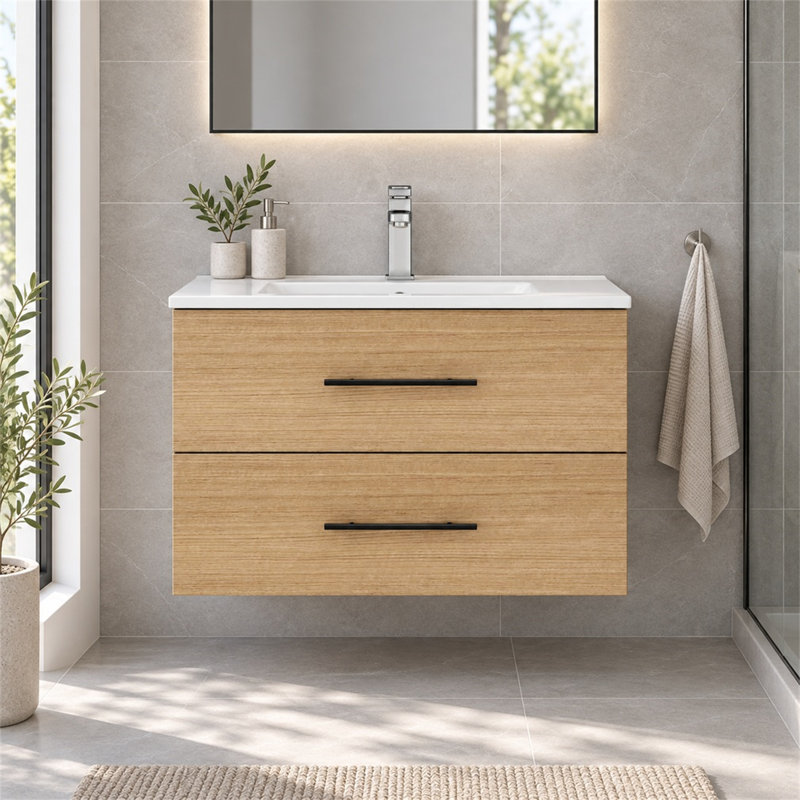 Meuble-lavabo mural 30 po avec lavabo en céramique et deux tiroirs