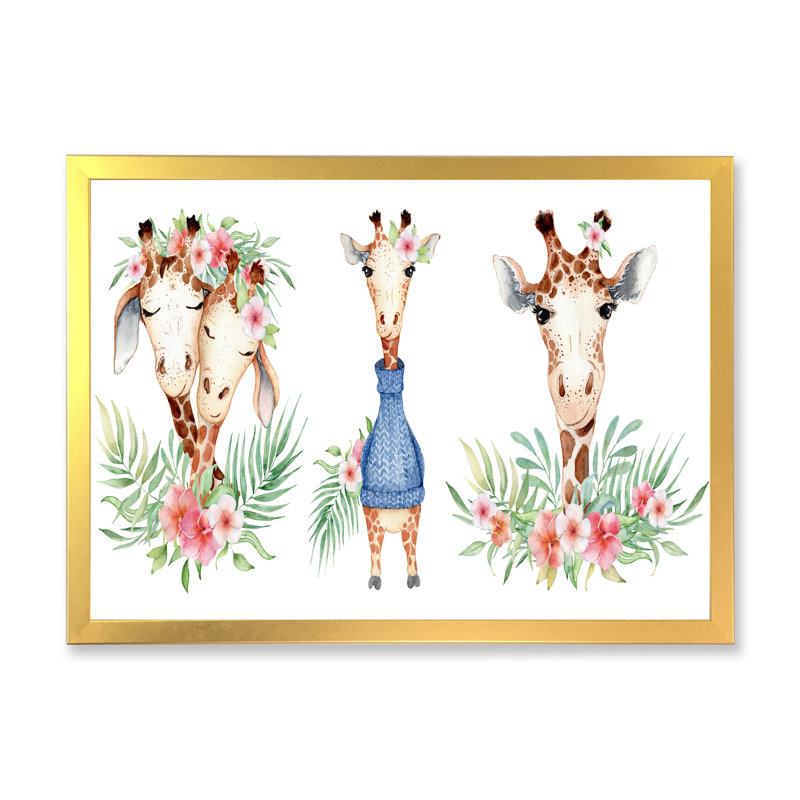 «Cute Giraffe Botanical Portrait», reproduction sur toile flottante, Cadre doré, H 12 po x l 20 po x P 1 po