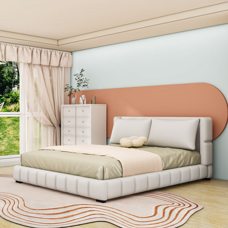 Lit plateforme tapissier avec 2 coussins, Blanc, Très grand lit