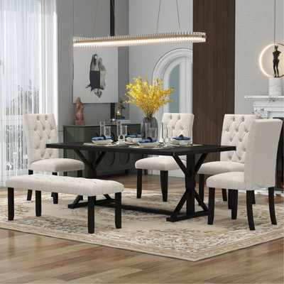 TREXM 6-Piece Farmhouse Dining Table Set 72" Wood Rectangular Table, 4 Upholstered Chairs With Bench (Espresso)