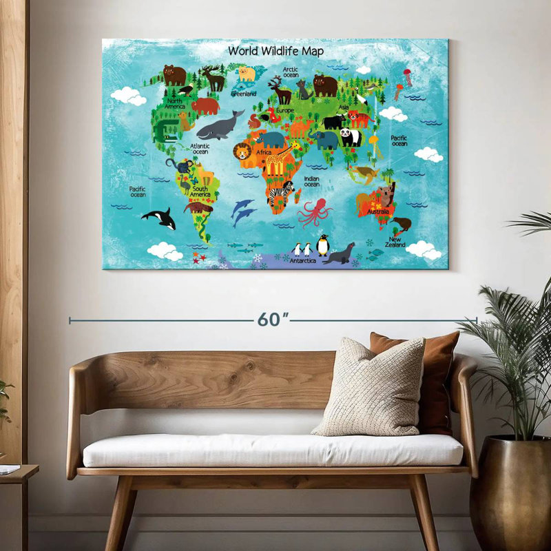 Carte du monde de la faune d'Aliaz, H 34 po x l 51 po