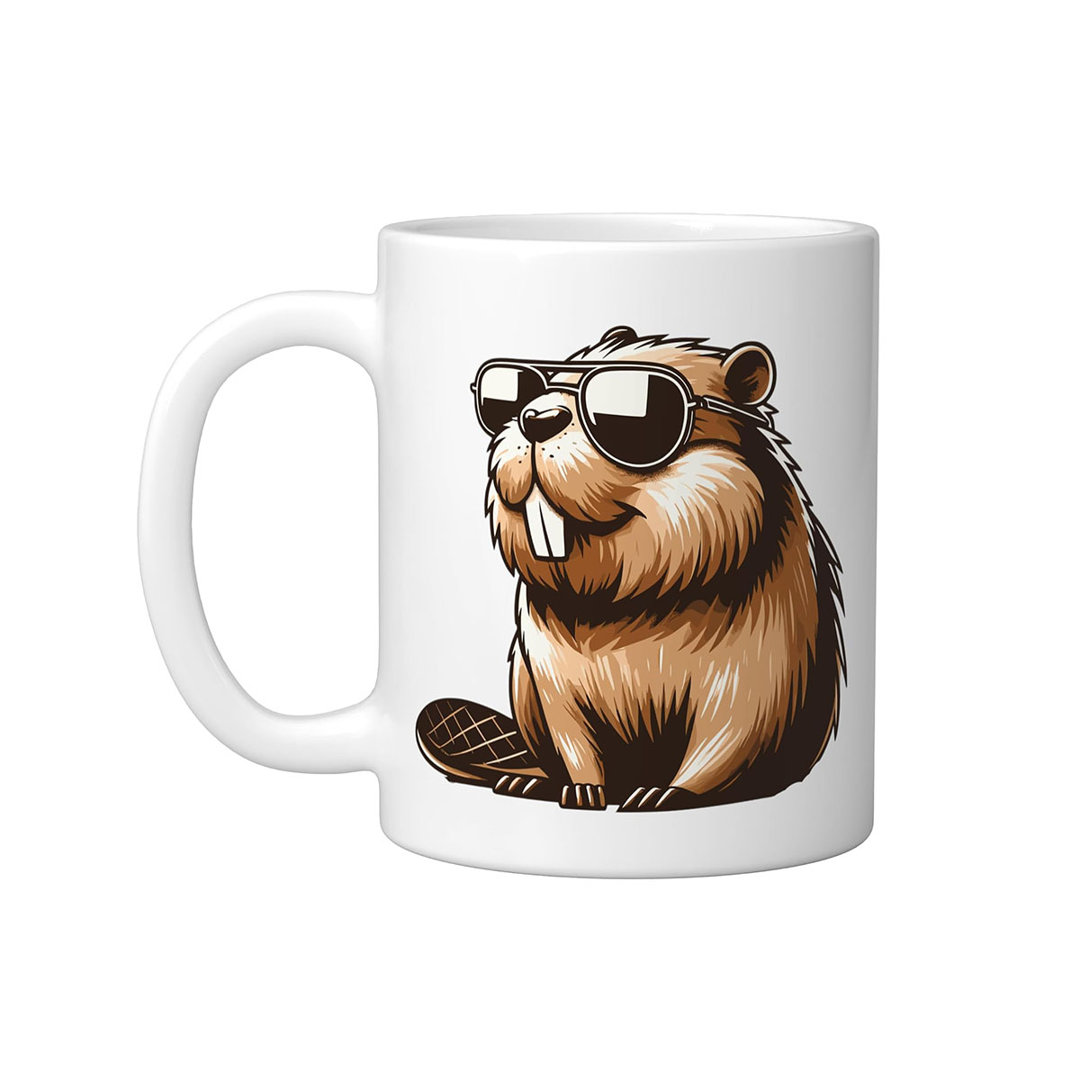Funny Beaver With Sunglasses Ceramic Mug, White, 11oz