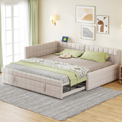 Full Size Upholstered L-Shaped Upholstered Daybed With Twinsize Pop Up Trundle And USB Ports, Beige