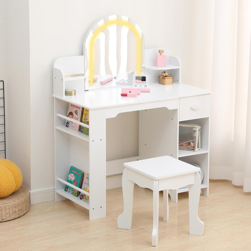 Kids Vanity with Lighted Mirror & Stool, Little Girls Vanity with Adjustable LED Light, Bookshelf, Storage Drawer & Shelves for Girls 3-9, White