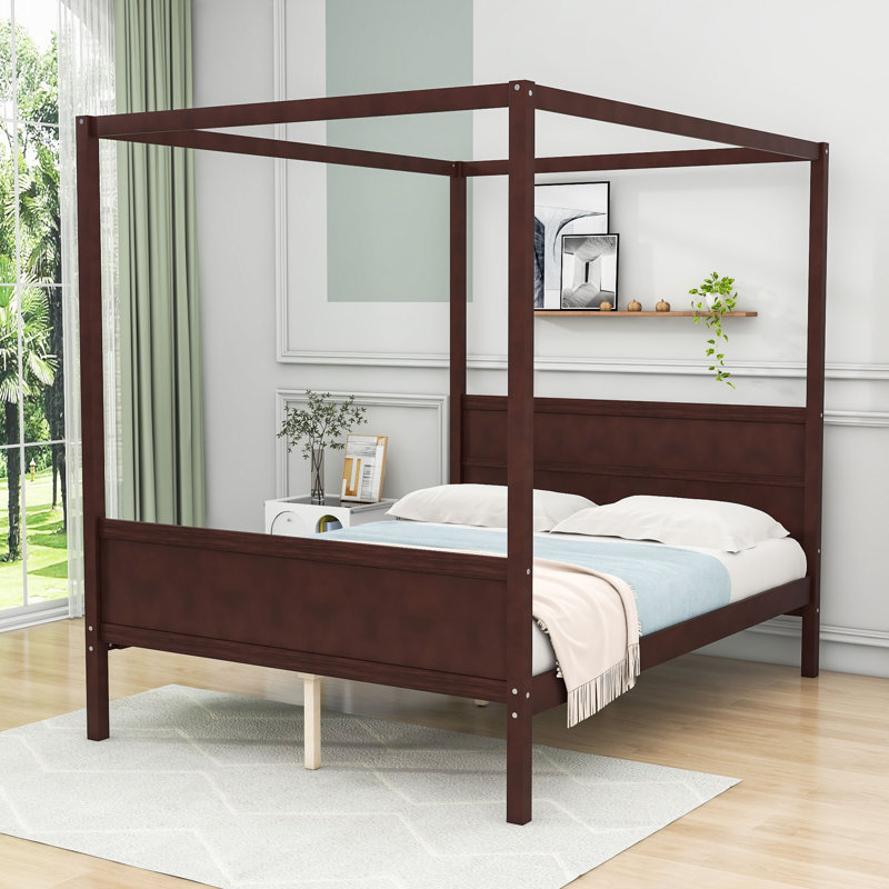 Queen Size Wooden Platform Bed with Headboard and Footboard, Slats, Espresso/Natural