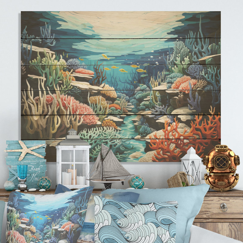 «Under Water Marine Reef Dream» - art mural bois de corail sous l'eau sur bois de pin naturel, H 10 po x l 20 po