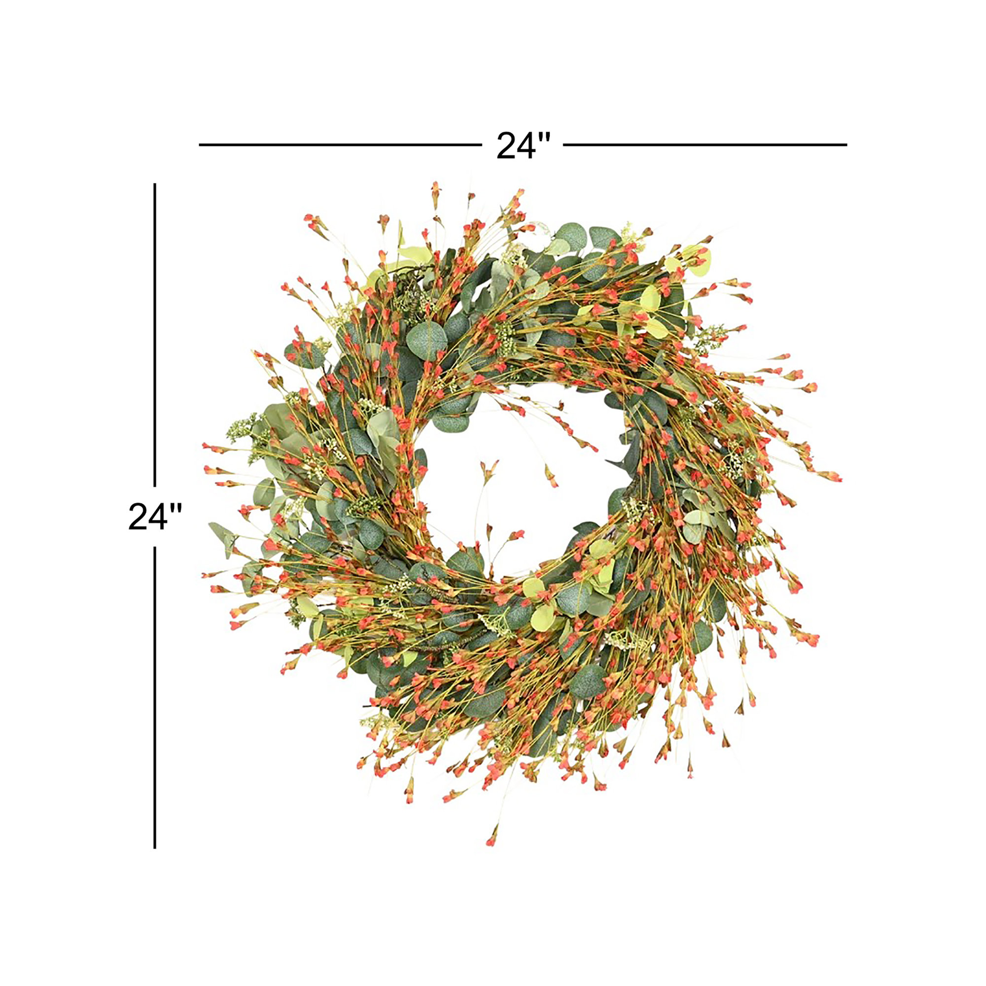 24" Artificial Farmhouse Blossom Cluster Eucalyptus Greenery Foliage Wildflower Fall Wreath For Front Door, Orange