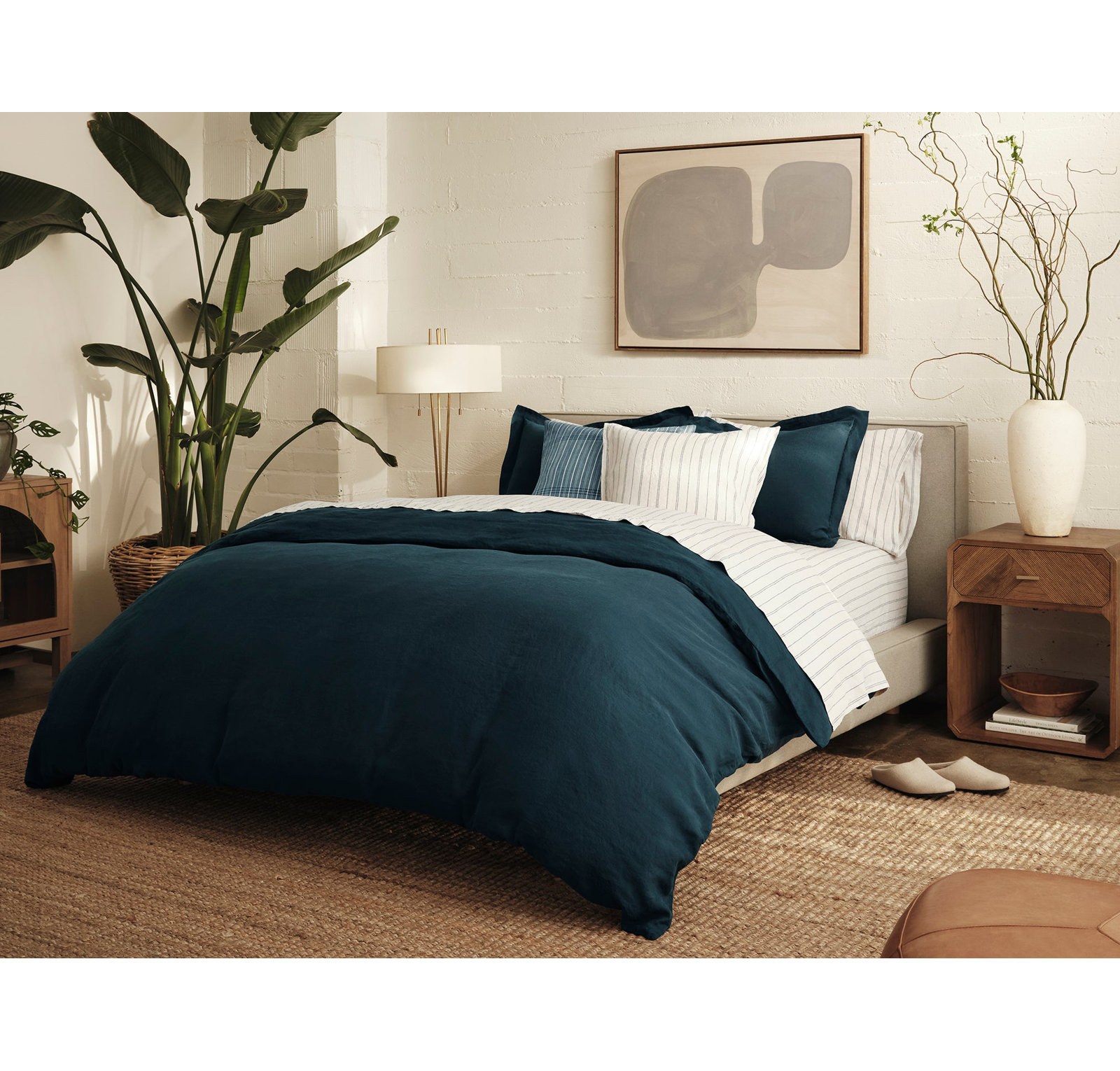 Linen Pillow Cover, Square 22", Fog Chambray Indigo Stripe