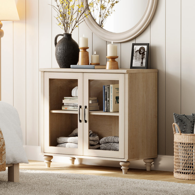 Scarlett Solid and Manufactured Wood TV Stand for TVs up to 43", Light Beige, Glass Door